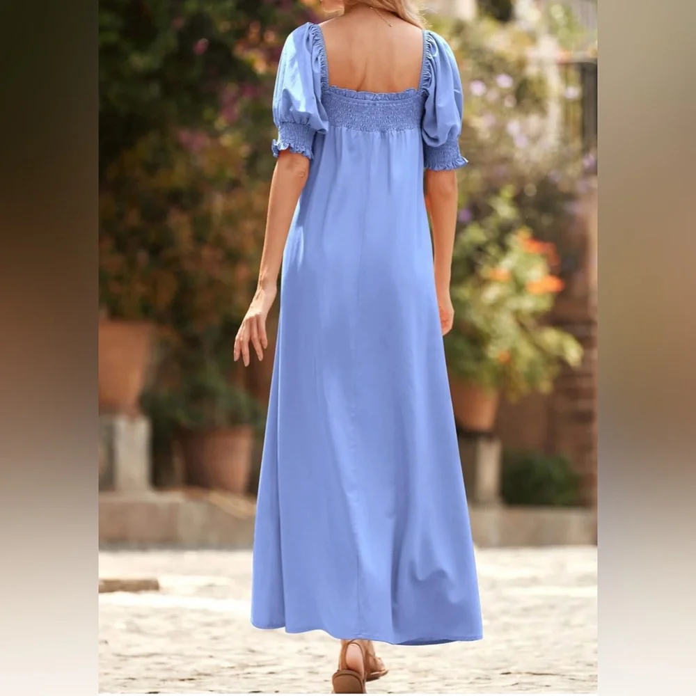 Light Blue Smocked Maxi Dress with Pockets - Picture 5 of 8